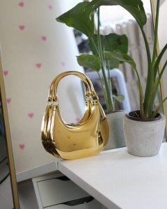 Kadın Gold Metalik Mika Kulp Detaylı Slim Gece Çantası