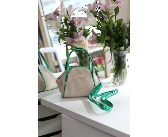 Kadın Yeşil Hasır Görünümlü Çift Saplı Askılı Omuz Çantası