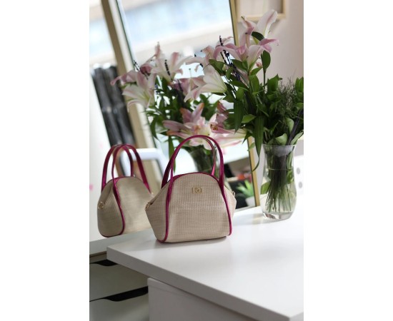 Kadın Pembe Hasır Görünümlü Çift Saplı Askılı Omuz Çantası