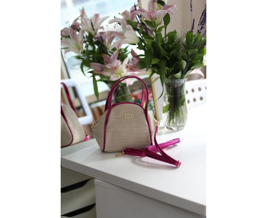 Kadın Pembe Hasır Görünümlü Çift Saplı Askılı Omuz Çantası