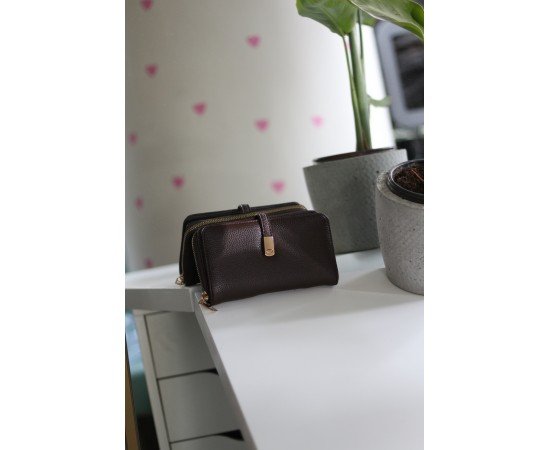 Kadın Acı Kahve Gold Aksesuar Düğme Detaylı Cüzdan