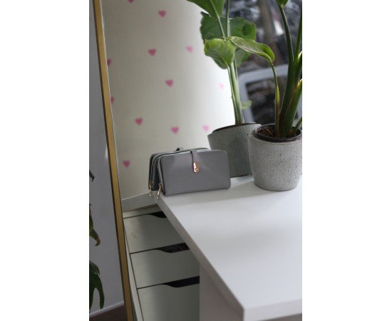 Kadın Gri Gold Aksesuar Düğme Detaylı Cüzdan