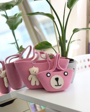 Pembe Örme Aksesuar Detaylı 2'li Anne Kız El Çantası