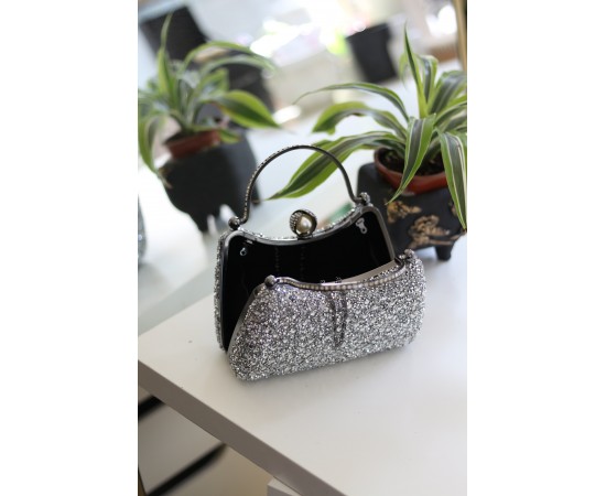 Kadın Silver İnci Taşlı Taşlı Tutma Detaylı Abiye Çanta Kadın Silver İnci Taşlı Taşlı Tutma Detaylı Abiye Çanta