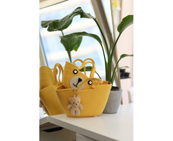 Sarı Örme Aksesuar detaylı 2'li anne kız el çantası