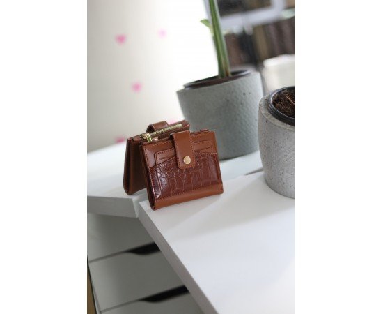  Kadın Taba Kroko Desenli Kartlık Detaylı Kare Cüzdan