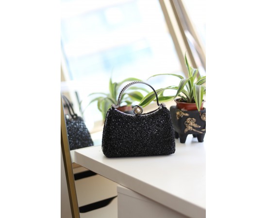 Kadın Siyah İnci Taşlı Taşlı Tutma Detaylı Abiye Çanta