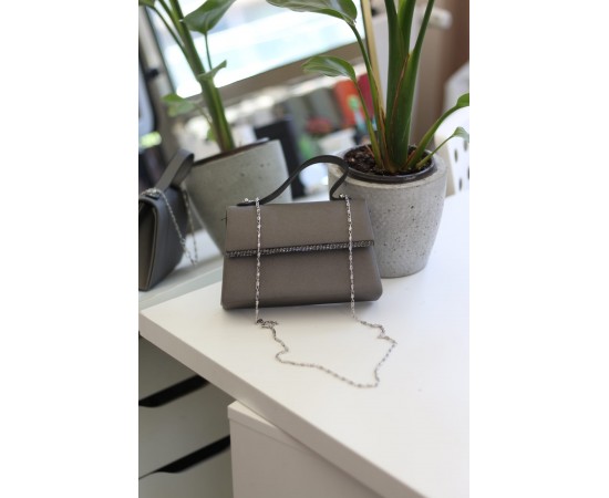 Kadın Platin Saten Tutma Taş Şerit Detaylı Abiye Omuz Çantası