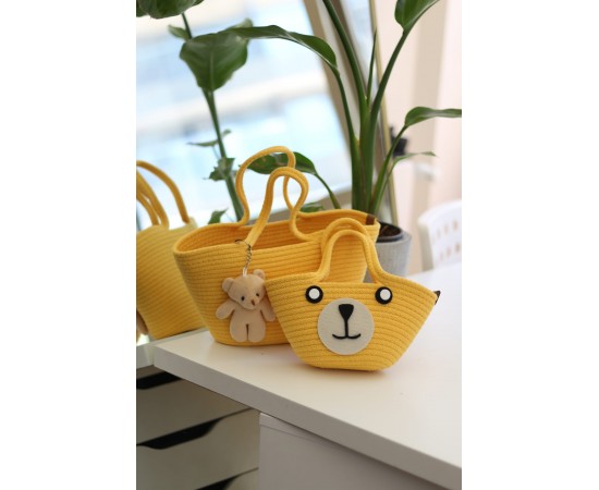 Sarı Örme Aksesuar detaylı 2'li anne kız el çantası