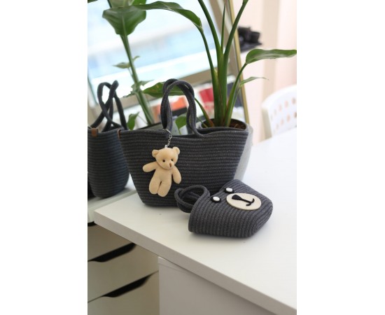 Siyah Örme Aksesuar Detaylı 2'li Anne Kız El Çantası