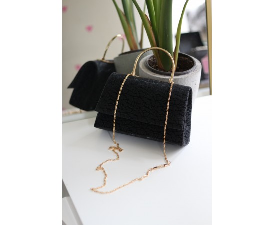 Siyah Yaprak Desenli Metal Sap Detaylı El Omuz Çantası