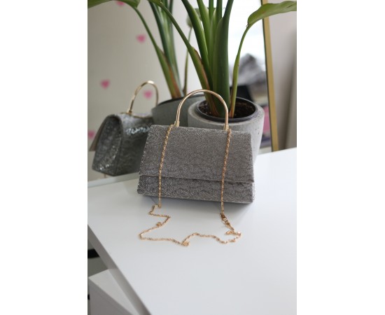 Platin Yaprak Desenli Metal Sap Detaylı El Omuz Çantası