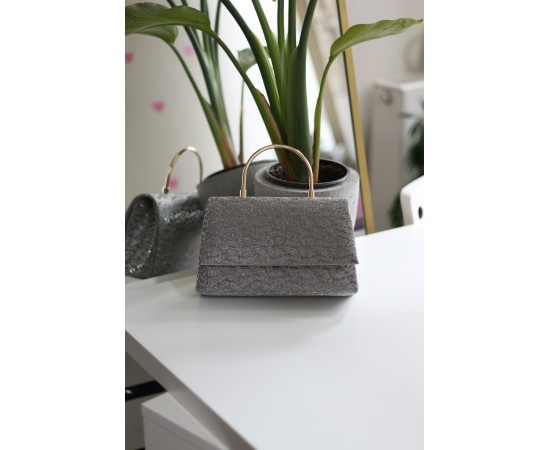 Platin Yaprak Desenli Metal Sap Detaylı El Omuz Çantası