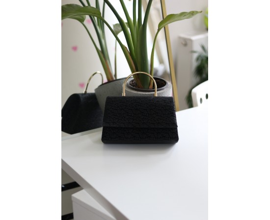 Siyah Yaprak Desenli Metal Sap Detaylı El Omuz Çantası