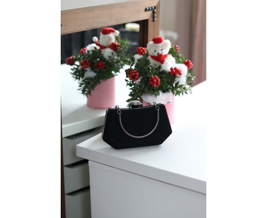 Kadın Siyah Süet Tutma Detaylı Abiye Çanta