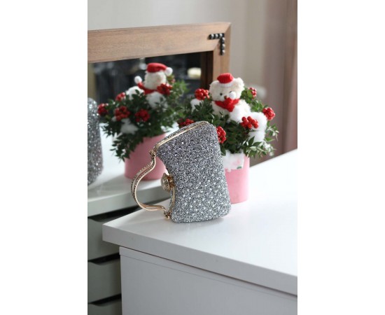 Kadın Silver Taşlı Tutma Detaylı Abiye Çanta