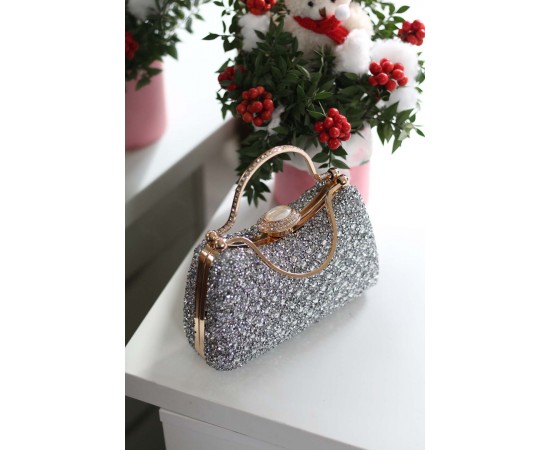 Kadın Silver Taşlı Tutma Detaylı Abiye Çanta