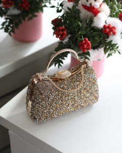 Kadın Gold Taşlı Tutma Detaylı Abiye Çanta