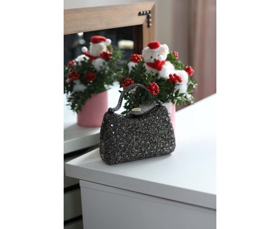 Kadın Platin Taşlı Tutma Detaylı Abiye Çanta