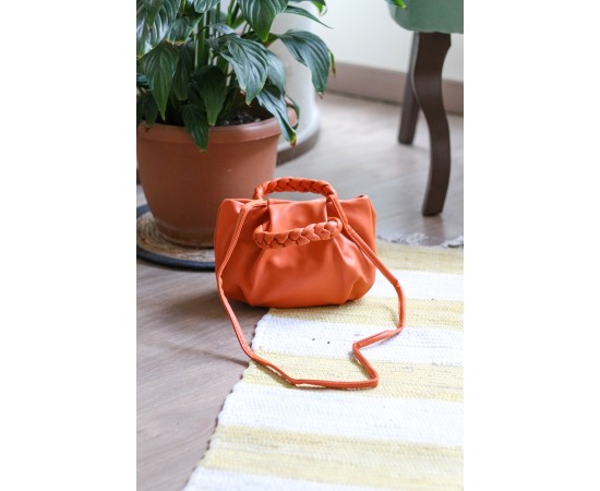 Turuncu Örgü Sap Detaylı Günlük Omuz Çantası