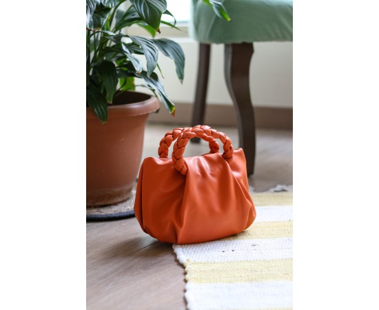 Turuncu Örgü Sap Detaylı Günlük Omuz Çantası