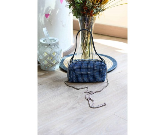 Mavi Özel Form Taşlı Abiye Çanta