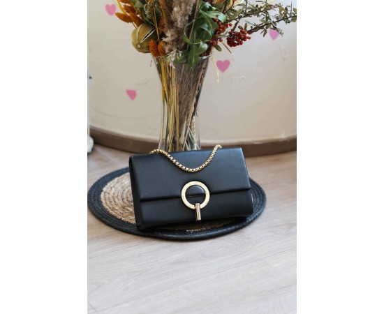 Siyah Gold Yuvarlak Tokalı Omuz Çantası 