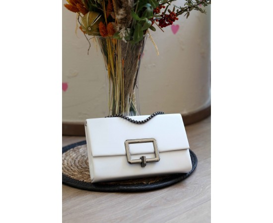 Beyaz Antrasit Kare Tokalı Omuz Çantası 