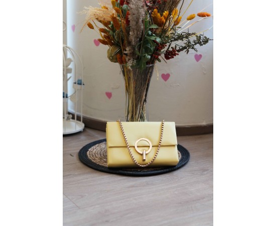 Sarı Gold Yuvarlak Tokalı Omuz Çantası 