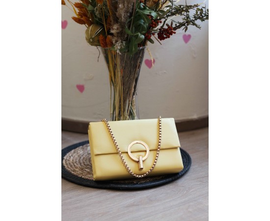 Sarı Gold Yuvarlak Tokalı Omuz Çantası 