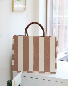 Kahve Keten Dokulu Çizgili Çanta