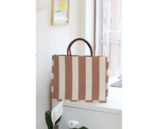 Kahve Keten Dokulu Çizgili Çanta Kahve Keten Dokulu Çizgili Çanta