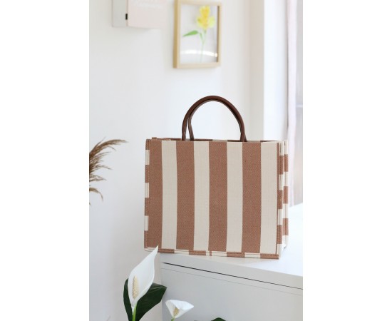 Kahve Keten Dokulu Çizgili Çanta Kahve Keten Dokulu Çizgili Çanta