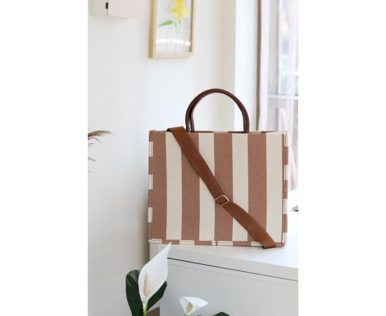 Kahve Keten Dokulu Çizgili Çanta Kahve Keten Dokulu Çizgili Çanta