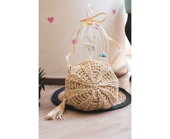 Bej Oval Püskül Detaylı Hasır Çanta