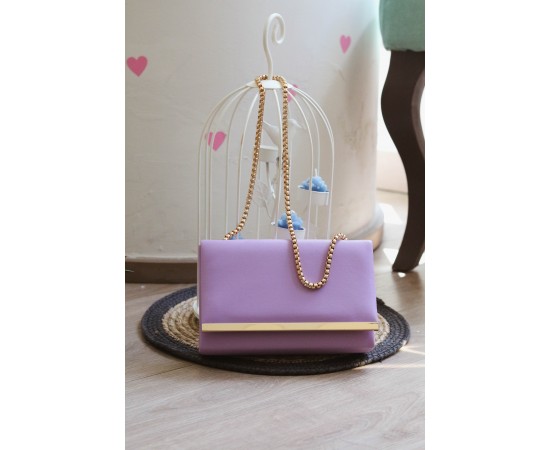 Lila Yumuşak Doku Gold Şerit Kalıp Omuz Çantası