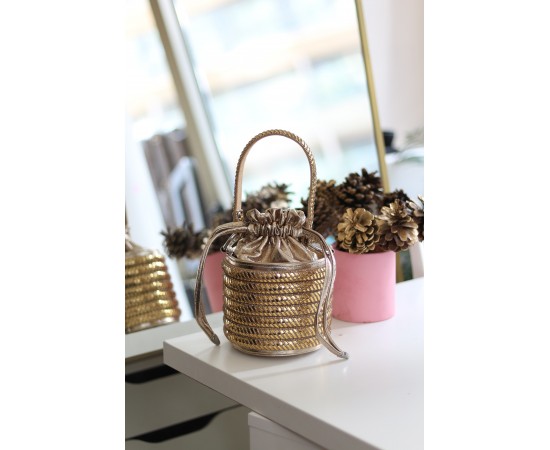 Kadın Gold Özel Form Çapraz Taş İşleme Abiye Çanta