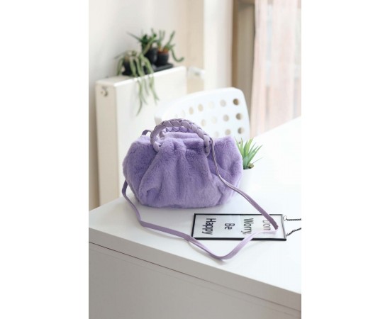 Lila Peluş Örgü Sap El & Omuz Çantası 