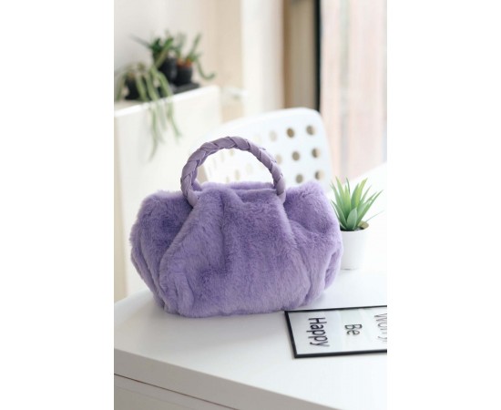 Lila Peluş Örgü Sap El & Omuz Çantası 