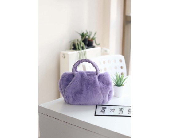 Lila Peluş Örgü Sap El & Omuz Çantası 
