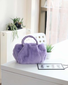Lila Peluş Örgü Sap El & Omuz Çantası 
