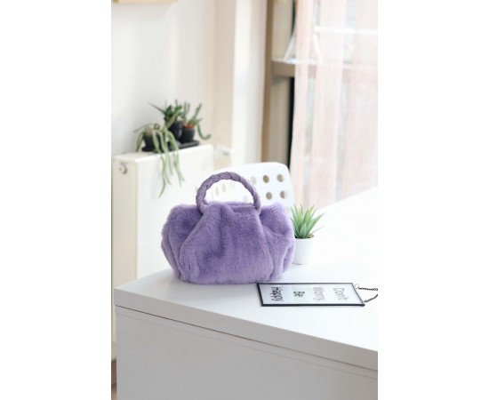 Lila Peluş Örgü Sap El & Omuz Çantası 