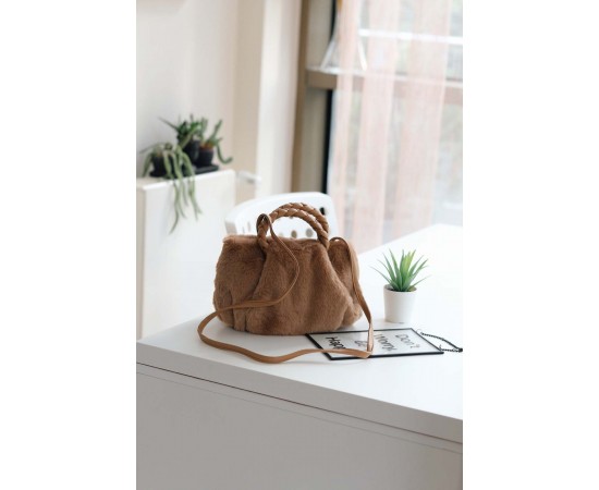 Vizon Peluş Örgü Sap El & Omuz Çantası 