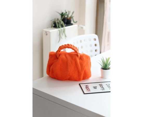 Turuncu Peluş Örgü Sap El & Omuz Çantası 