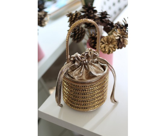 Kadın Gold Özel Form Çapraz Taş İşleme Abiye Çanta