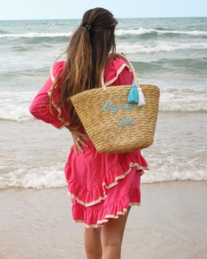 Turkuaz Püskül Detay Yazı İşleme Hasır Omuz Çantası Turkuaz Püskül Detay Yazı İşleme Hasır Omuz Çantası