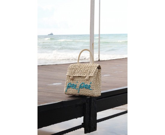 Bej Papatya Aksesuarlı Yazı İşleme Hasır El Çantası