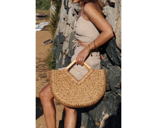 Camel Hasır Ahşap Tutma Detay Sepet Form El Çantası