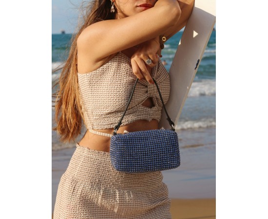 Mavi Özel Form Taş İşleme El & Omuz Çantası