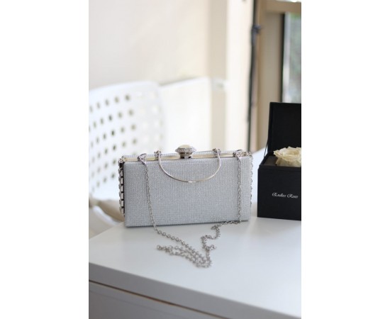 Silver Simli Özel Kristal Detay Metal Saplı Abiye Çanta 